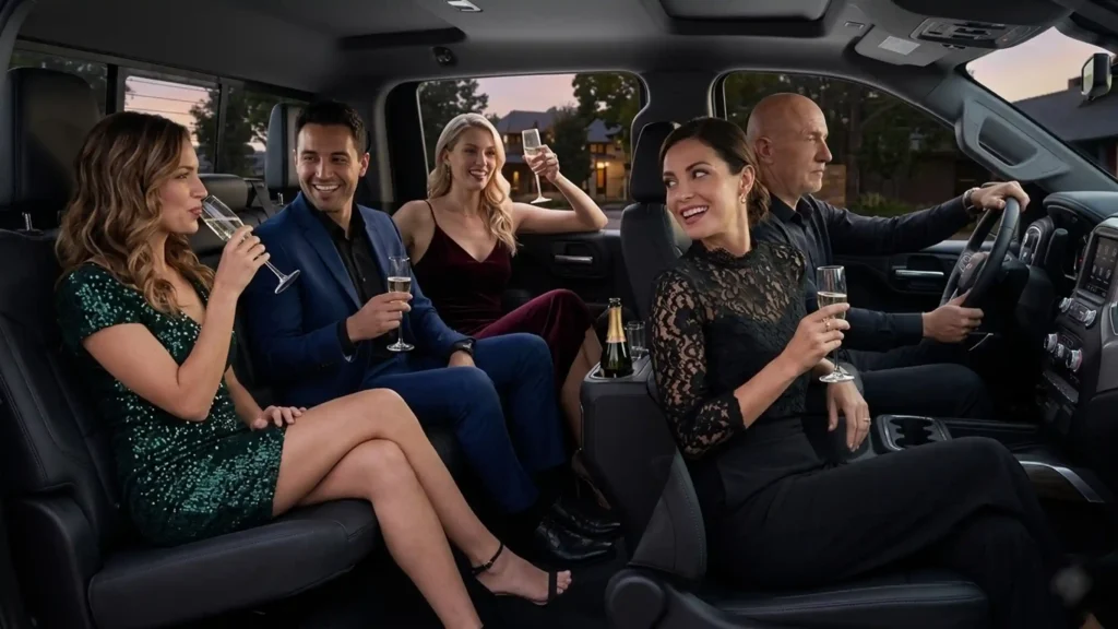 Passengers enjoying champagne in a luxury black SUV